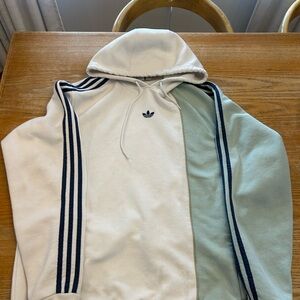Adidas Cream Green color block  Hoodie Navy velour 3 Stripes large trefoil men's